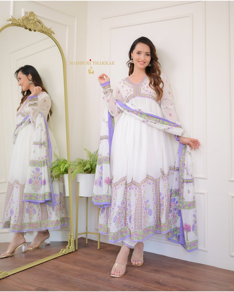 Lavender-White Floral Mul Cotton Anarkali