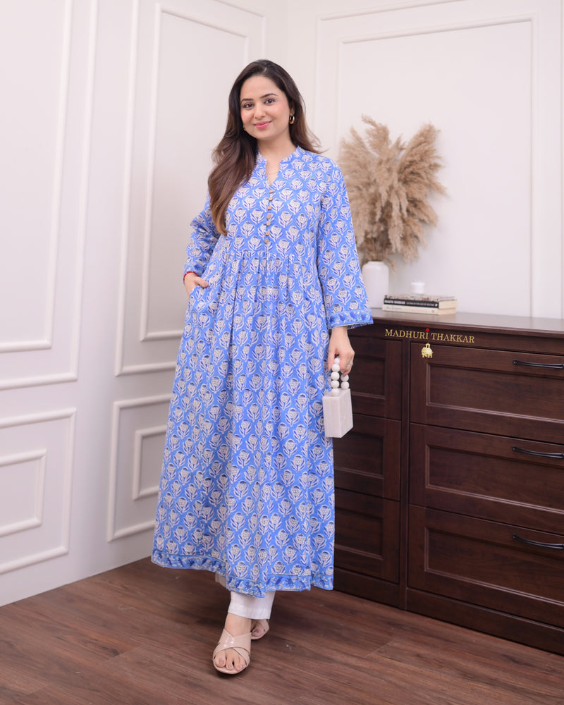 Blue Floral A Line Cotton Kurta