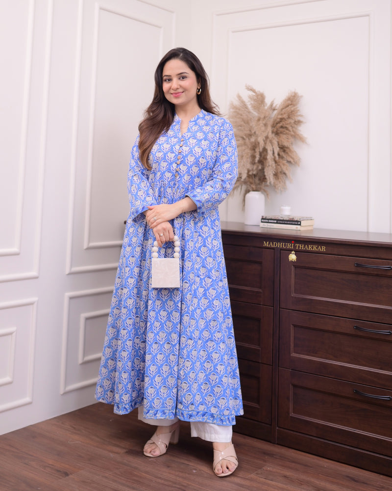 Blue Floral A Line Cotton Kurta