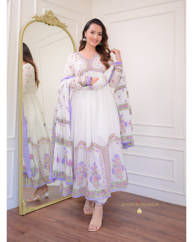 Lavender-White Floral Mul Cotton Anarkali