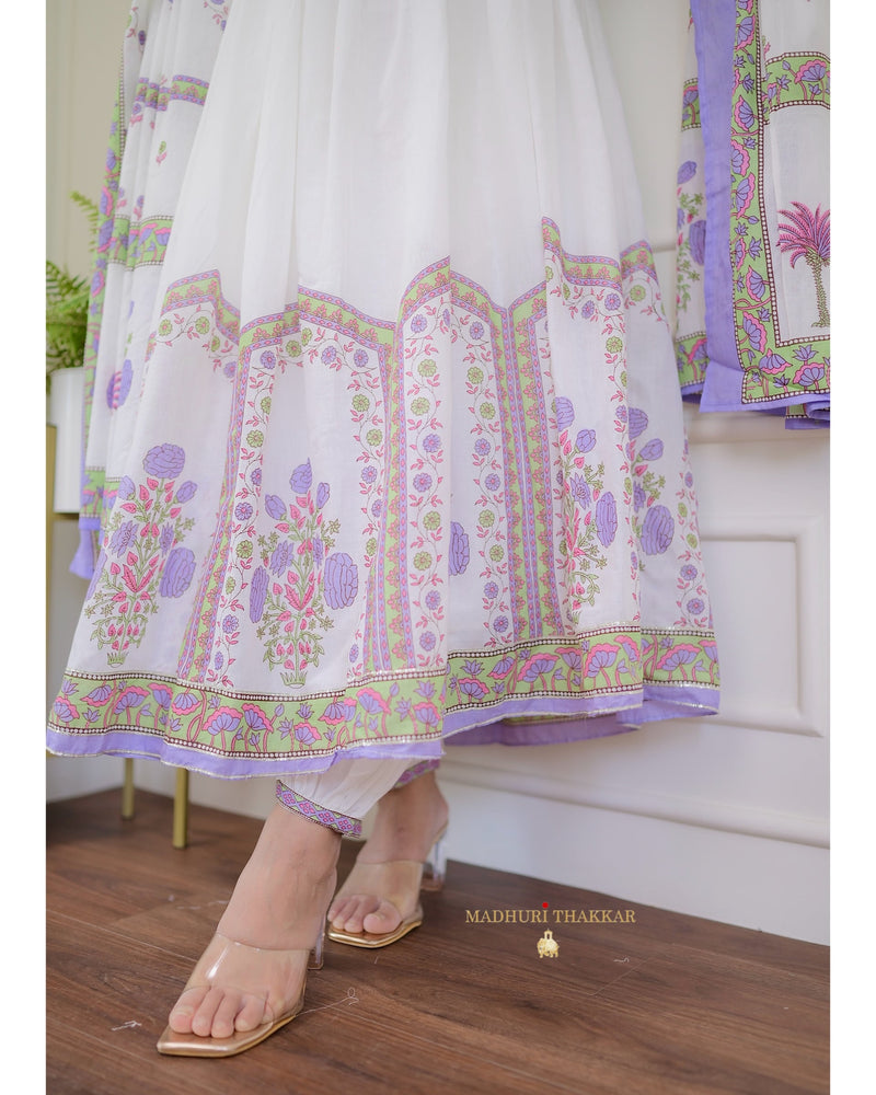 Lavender-White Floral Mul Cotton Anarkali