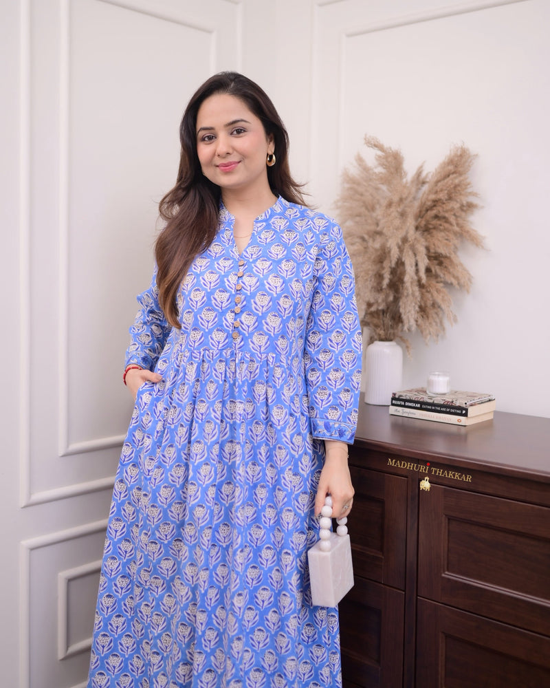 Blue Floral A Line Cotton Kurta