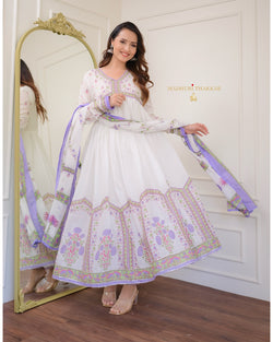 Lavender-White Floral Mul Cotton Anarkali