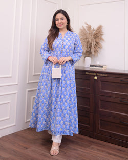 Blue Floral A Line Cotton Kurta