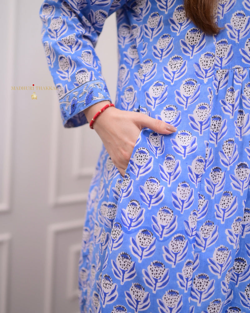 Blue Floral A Line Cotton Kurta