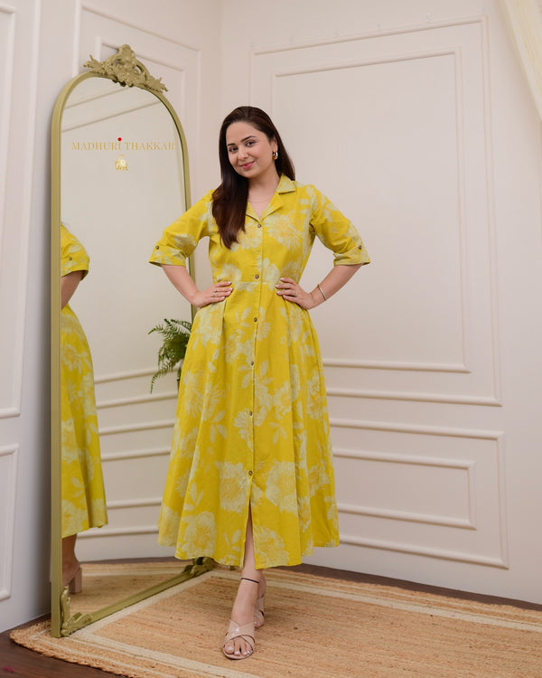 Mustard Yellow Floral Cotton A Line Dress