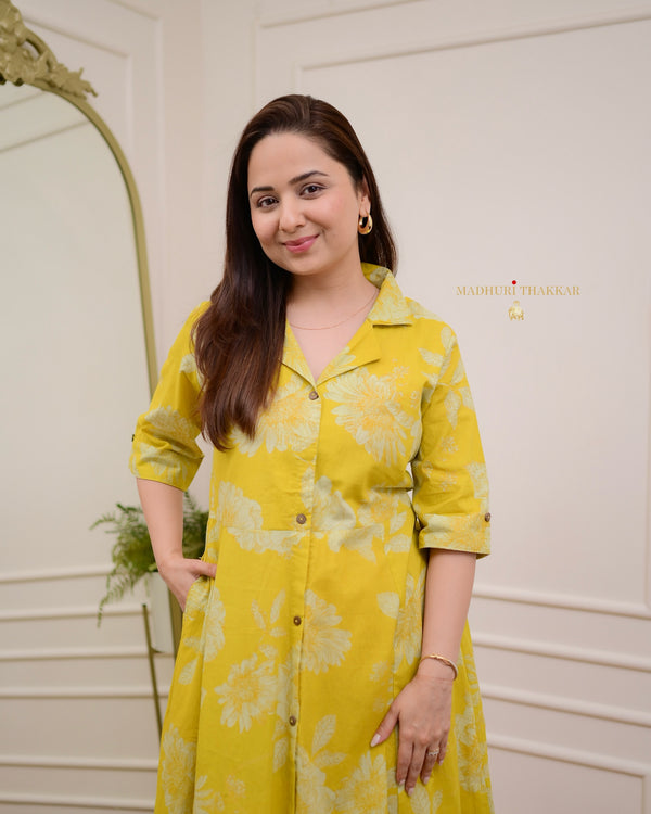 Mustard Yellow Floral Cotton A Line Dress