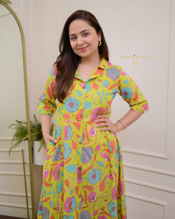 Lime Green Floral Cotton A Line Dress