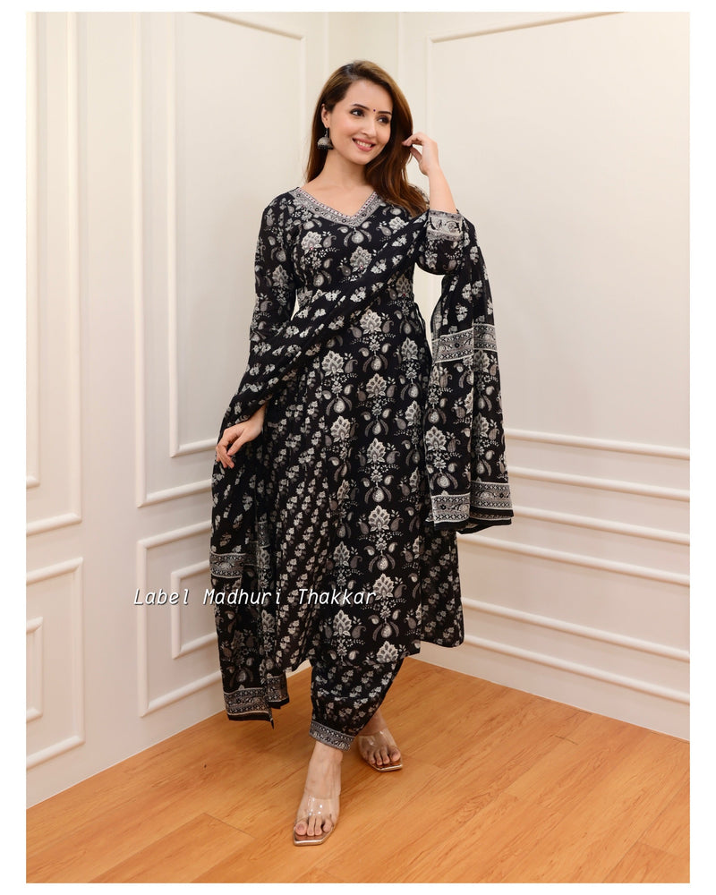 Black Grey Floral Afghani Suit