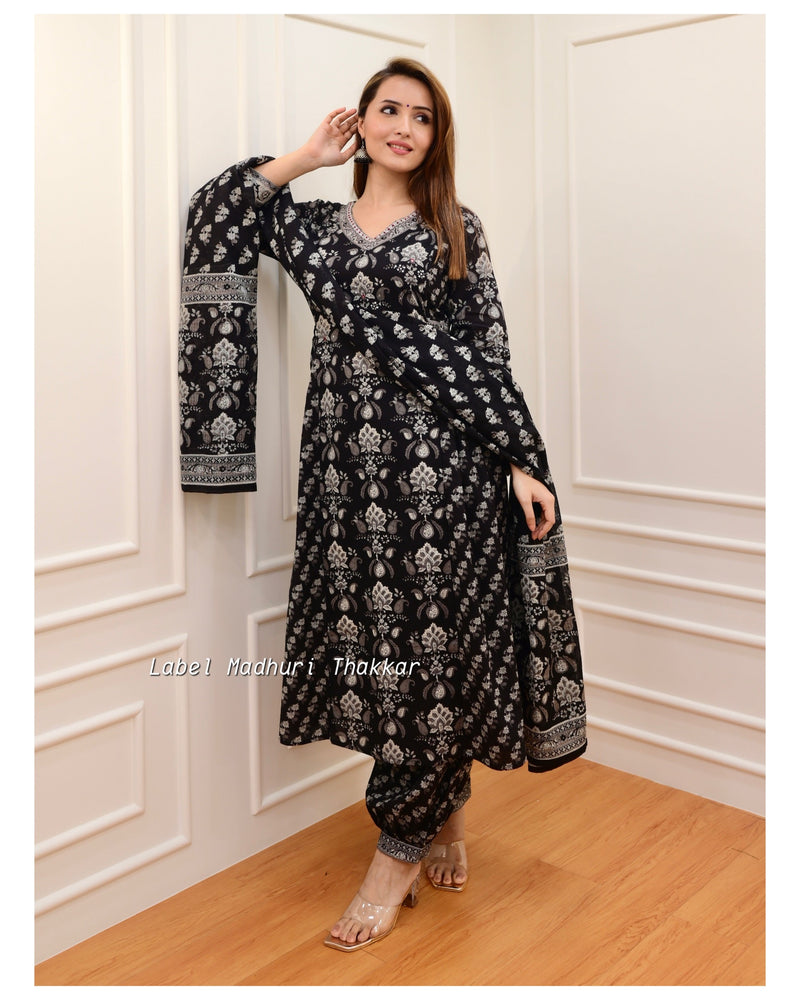 Black Grey Floral Afghani Suit