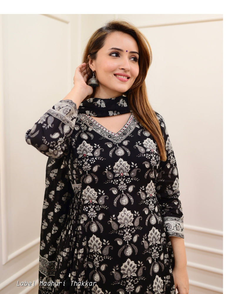 Black Grey Floral Afghani Suit