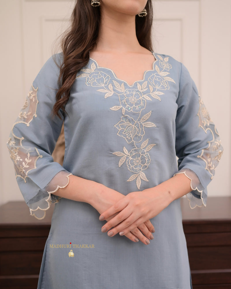 Greyish Blue Pakistani Threadwork Suit