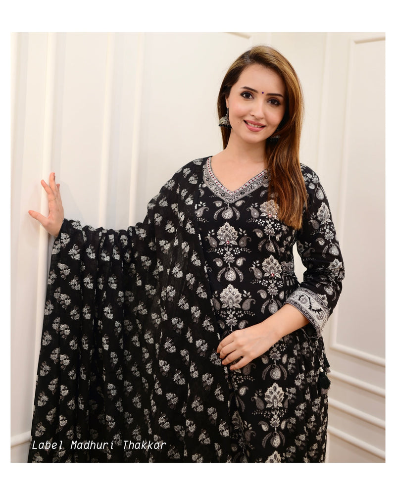 Black Grey Floral Afghani Suit