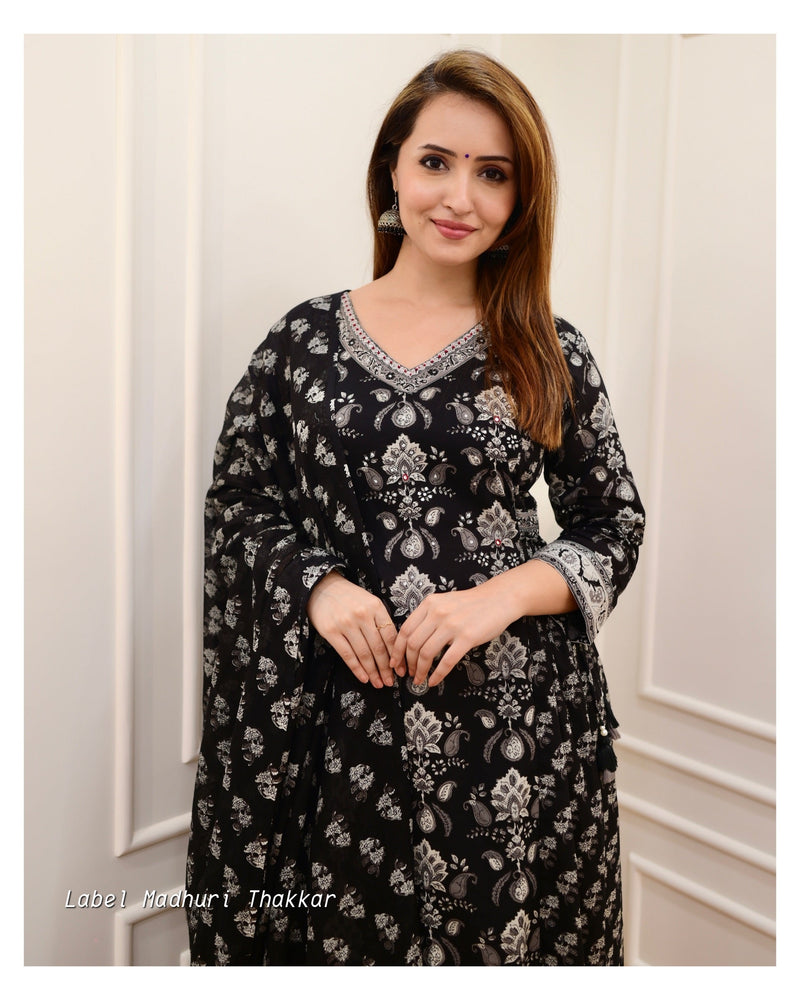 Black Grey Floral Afghani Suit