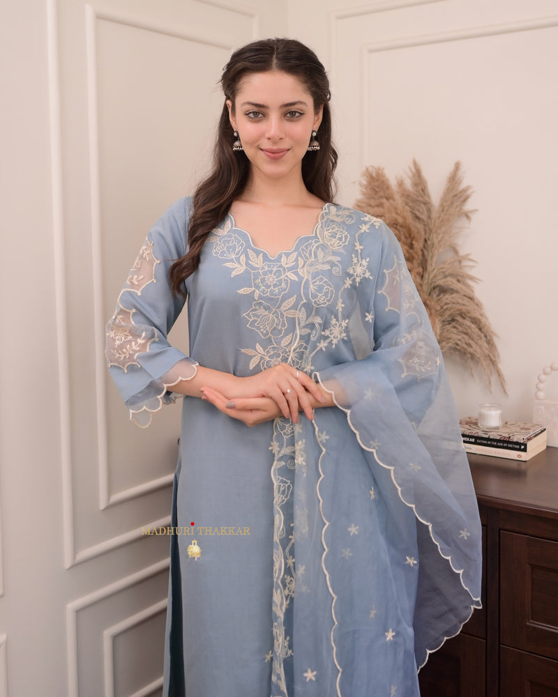 Greyish Blue Pakistani Threadwork Suit