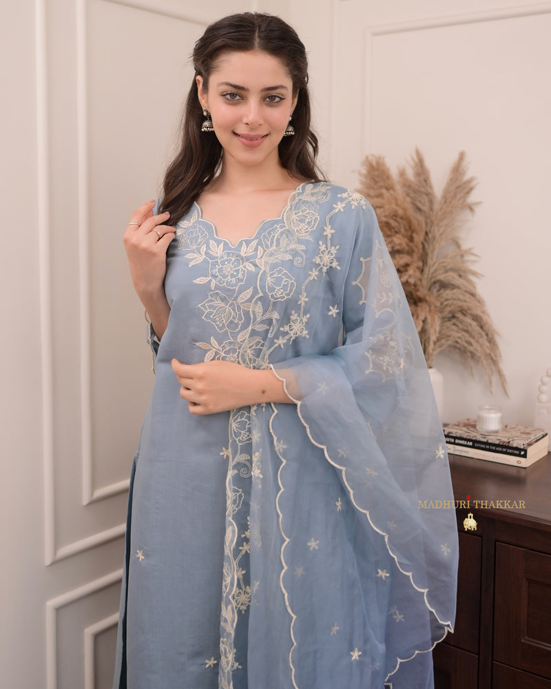 Greyish Blue Pakistani Threadwork Suit