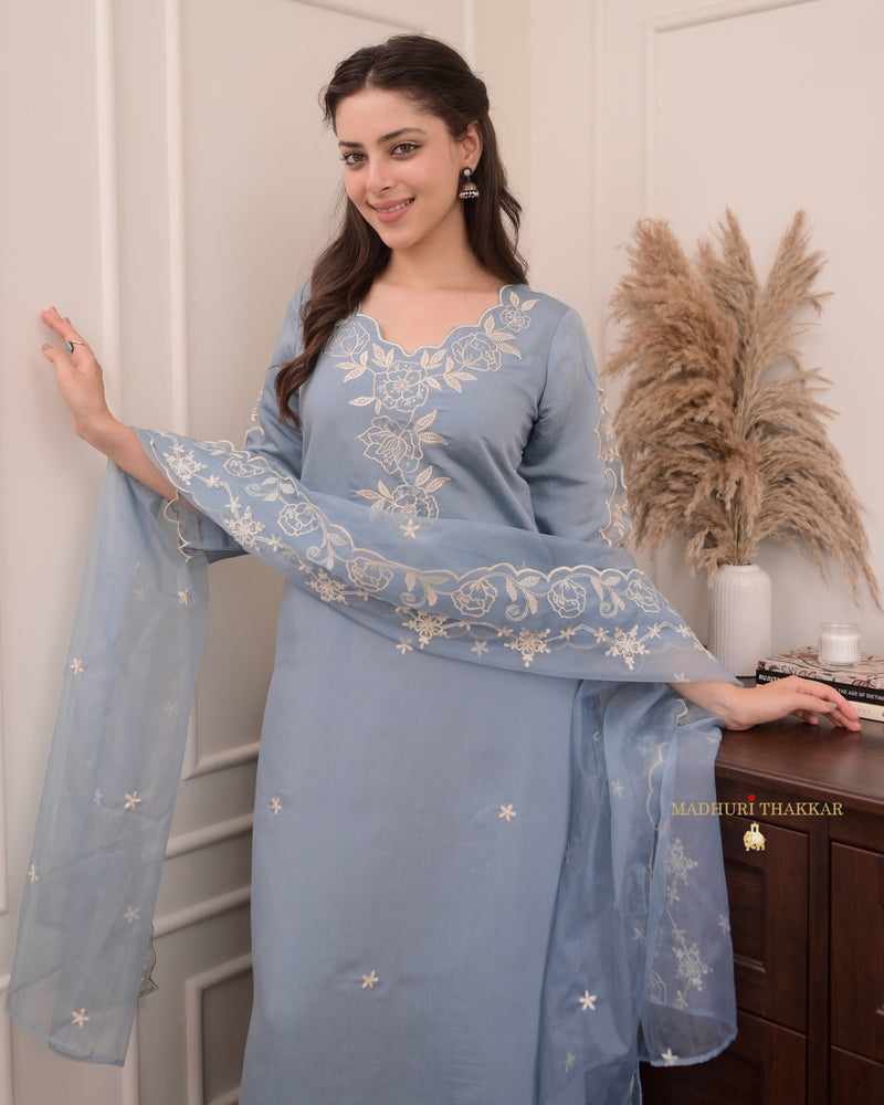 Greyish Blue Pakistani Threadwork Suit