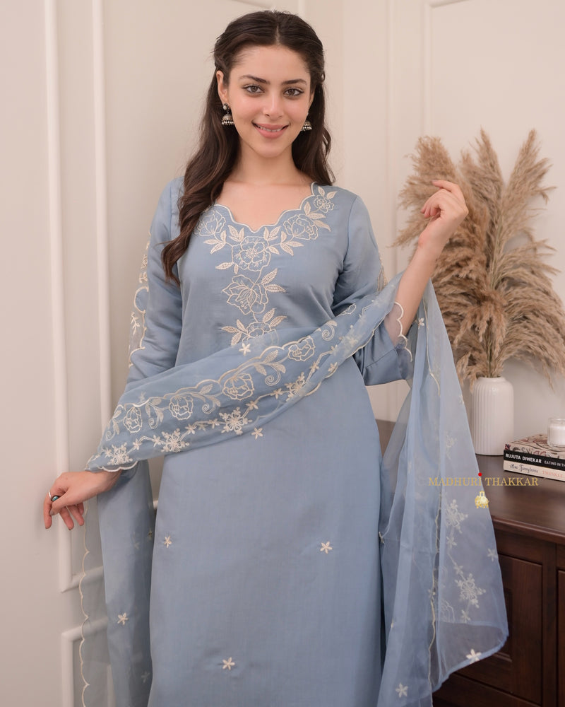 Greyish Blue Pakistani Threadwork Suit