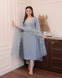 Greyish Blue Pakistani Threadwork Suit