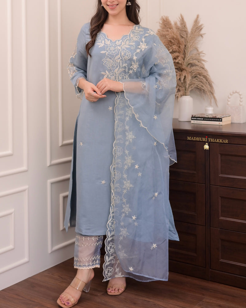 Greyish Blue Pakistani Threadwork Suit