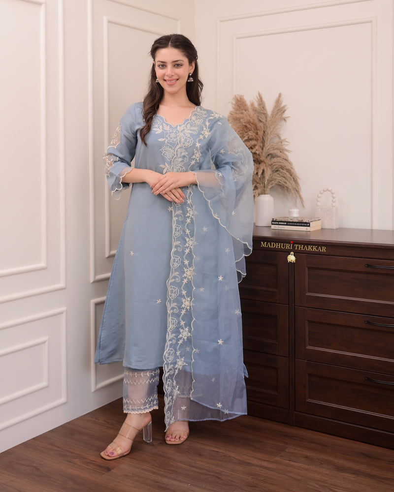 Greyish Blue Pakistani Threadwork Suit