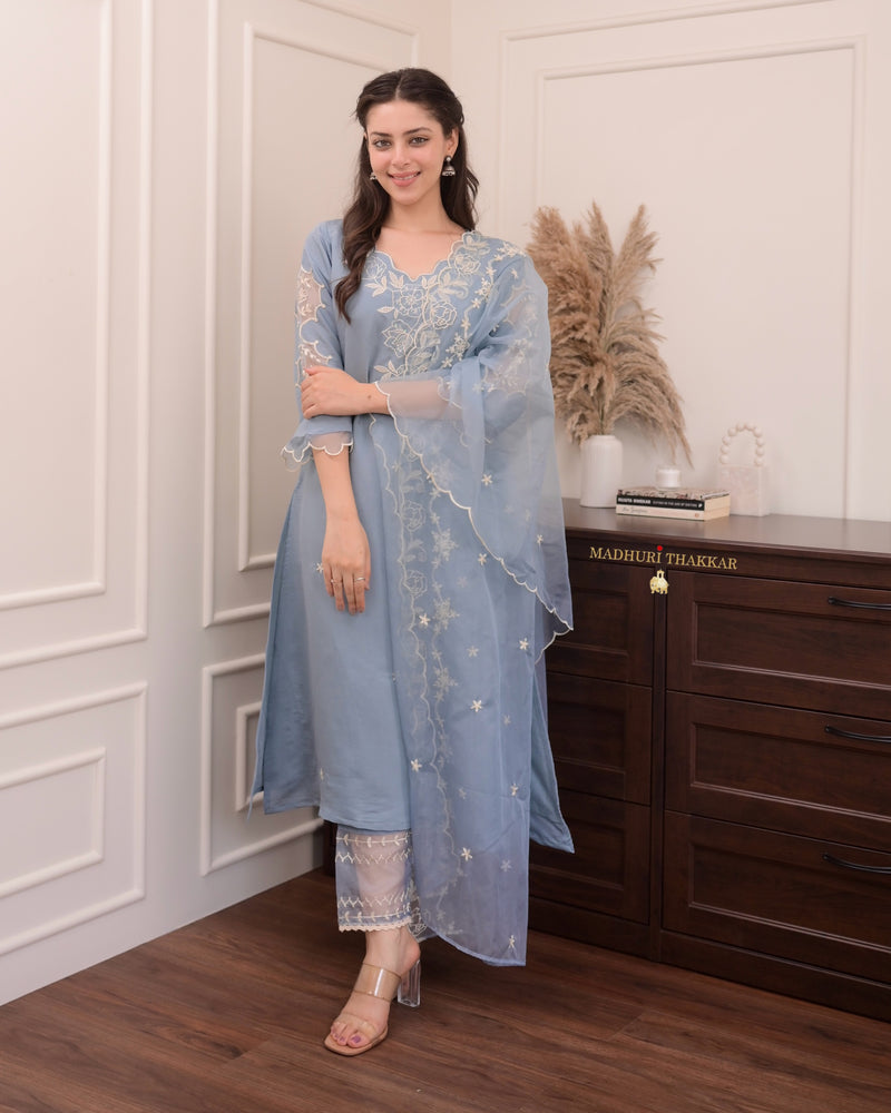 Greyish Blue Pakistani Threadwork Suit