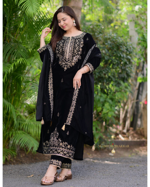 Black Golden Handwork Premium Velvet Suit