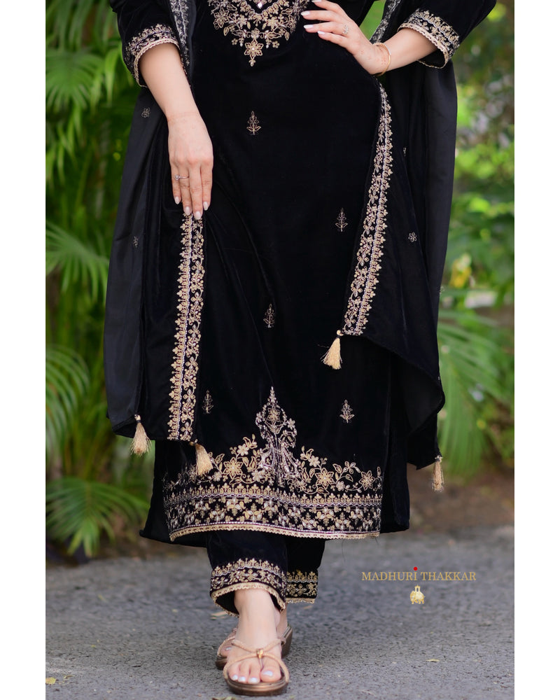 Black Golden Handwork Premium Velvet Suit