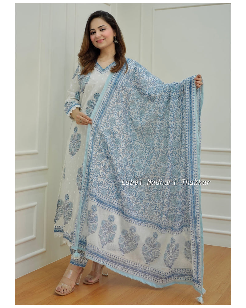Blue-White Cotton Afghani Suit