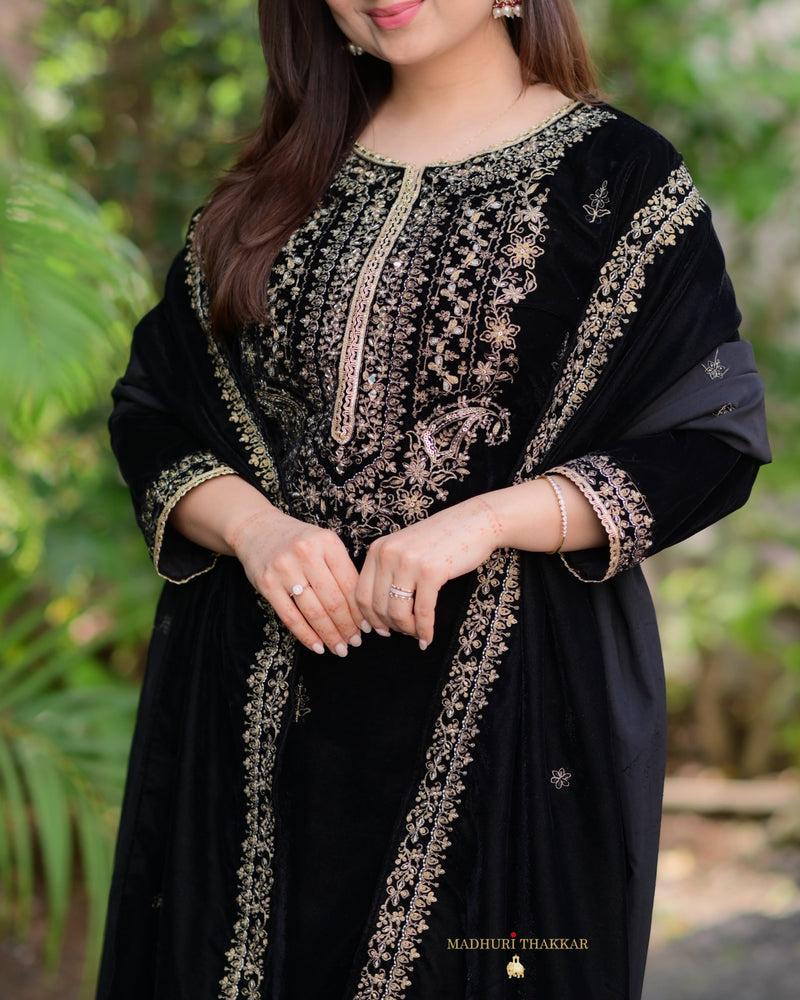 Black Golden Handwork Premium Velvet Suit