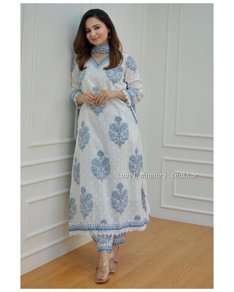 Blue-White Cotton Afghani Suit