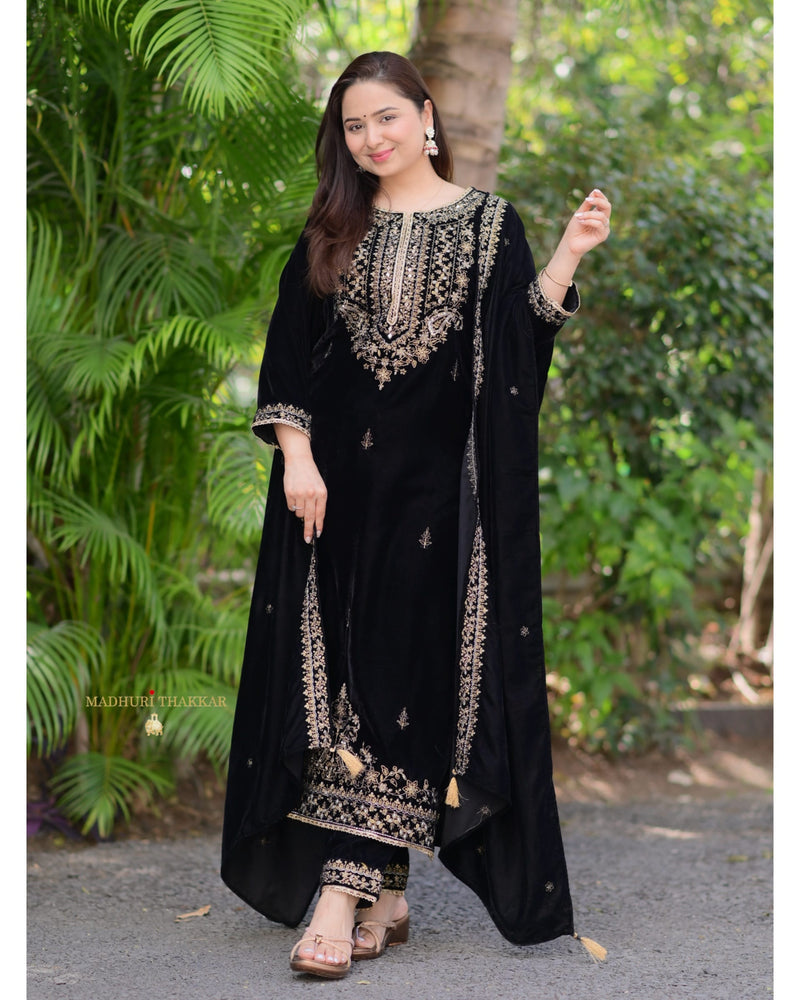 Black Golden Handwork Premium Velvet Suit