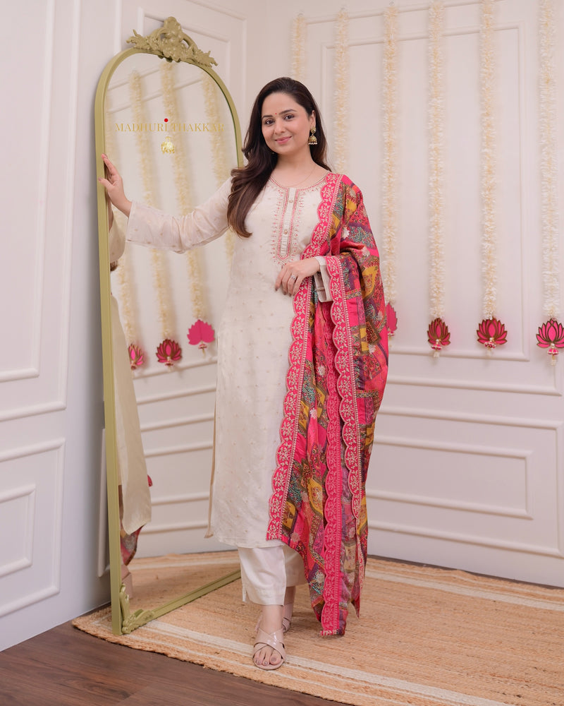 Ivory Handwork Tissue Silk Multi Dupatta Suit