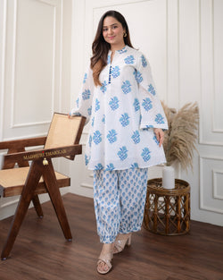 Ivory Blue Mul Cotton Afghani Co-ord