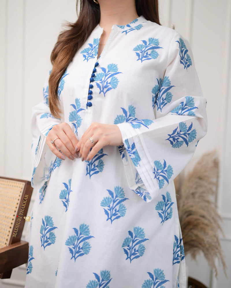 Ivory Blue Mul Cotton Afghani Co-ord