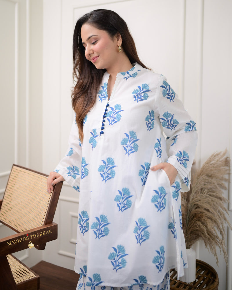 Ivory Blue Mul Cotton Afghani Co-ord