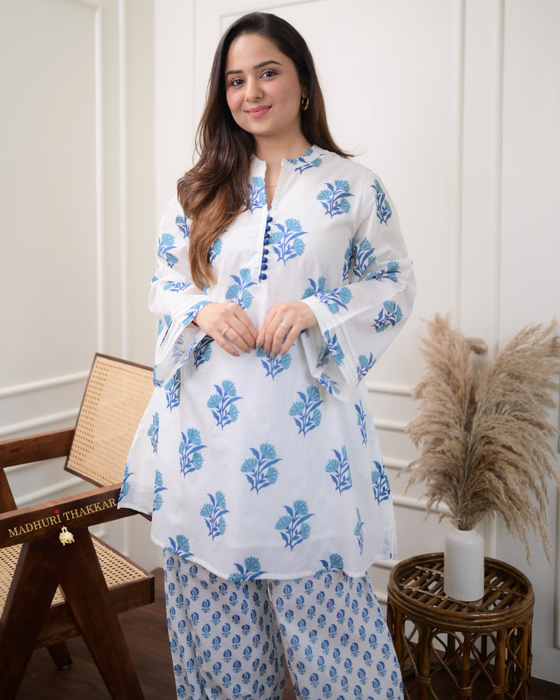 Ivory Blue Mul Cotton Afghani Co-ord