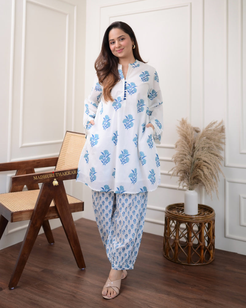 Ivory Blue Mul Cotton Afghani Co-ord