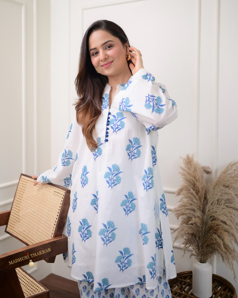 Ivory Blue Mul Cotton Afghani Co-ord