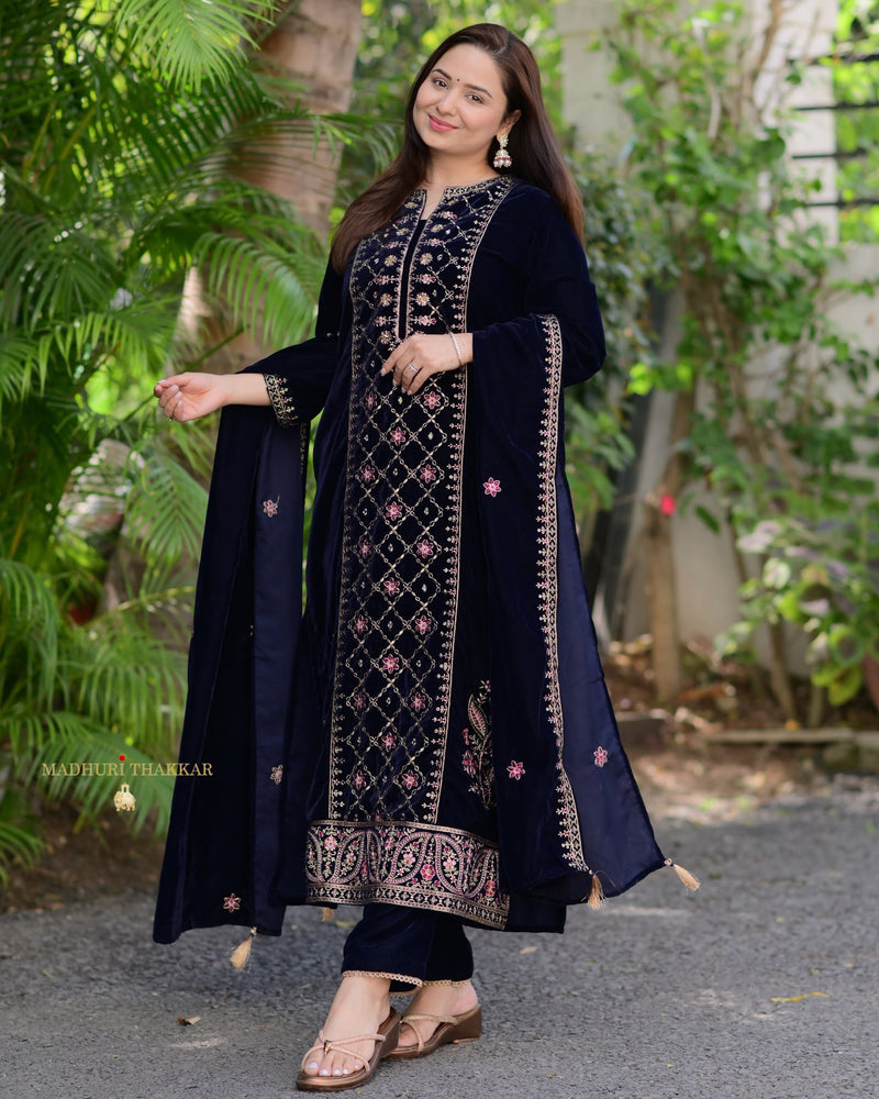 Navy Blue Handwork Premium Velvet Suit