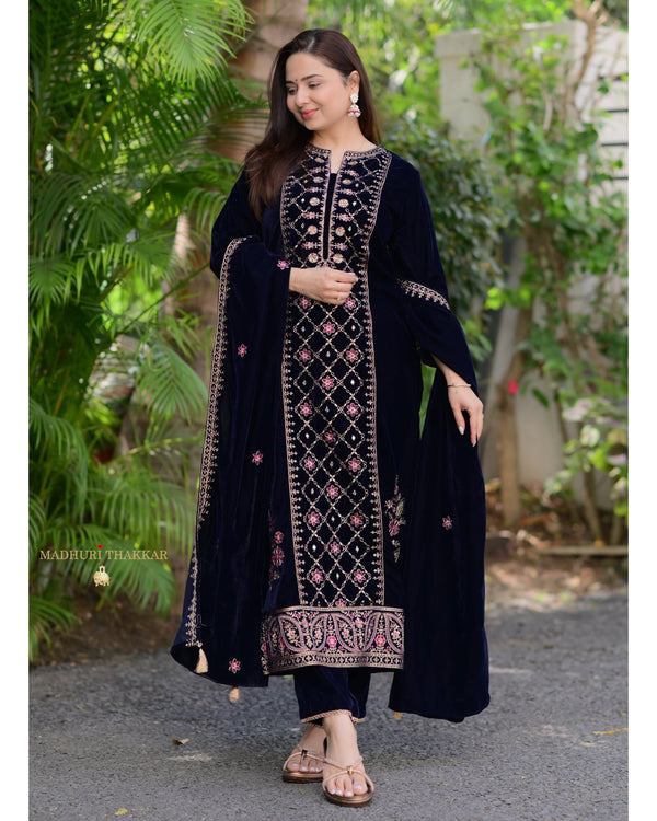 Navy Blue Handwork Premium Velvet Suit