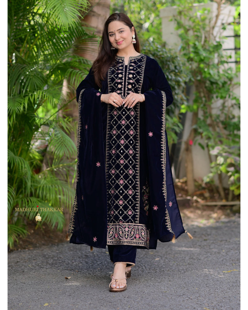 Navy Blue Handwork Premium Velvet Suit