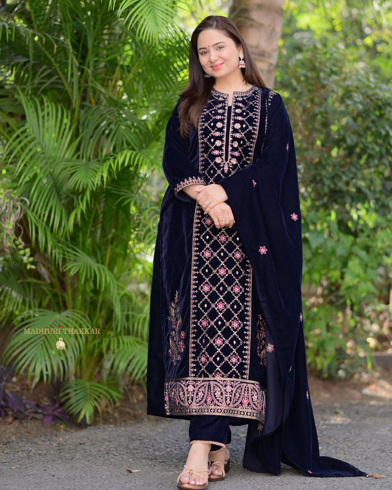 Navy Blue Handwork Premium Velvet Suit