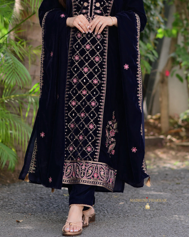 Navy Blue Handwork Premium Velvet Suit