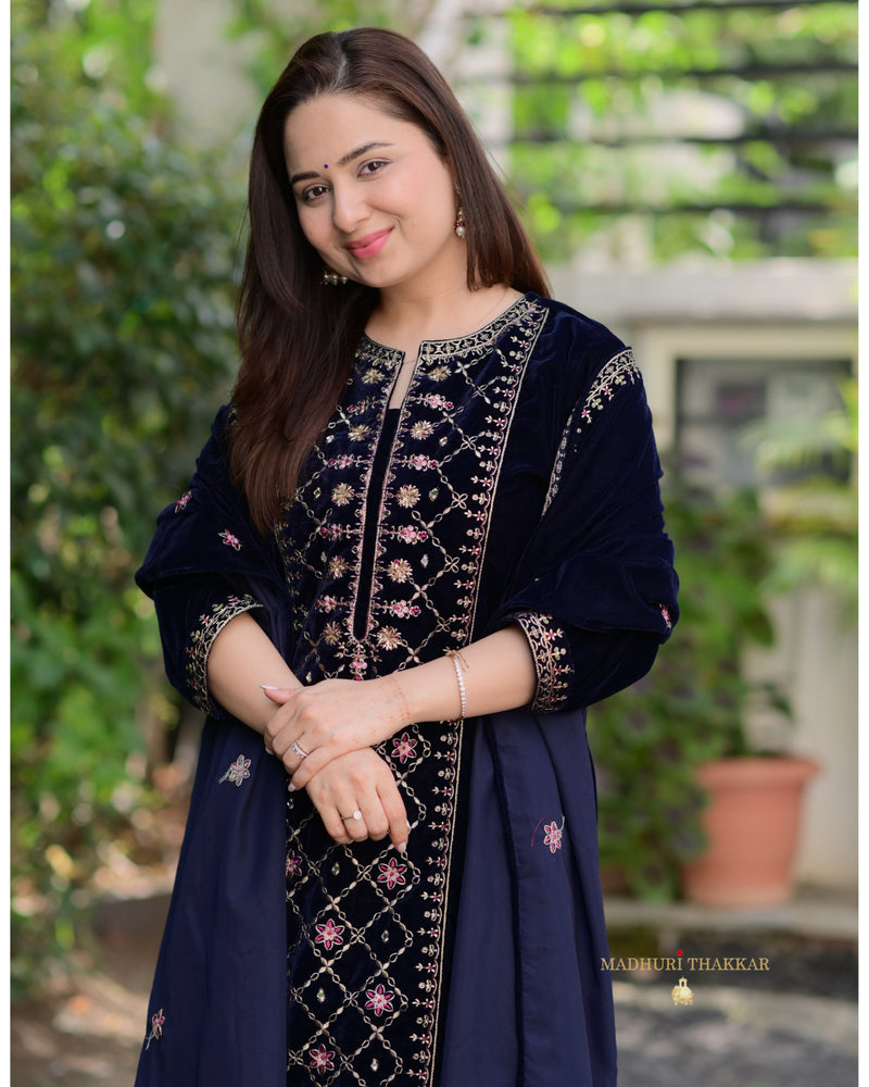 Navy Blue Handwork Premium Velvet Suit