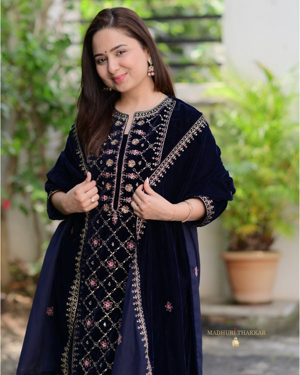 Navy Blue Handwork Premium Velvet Suit