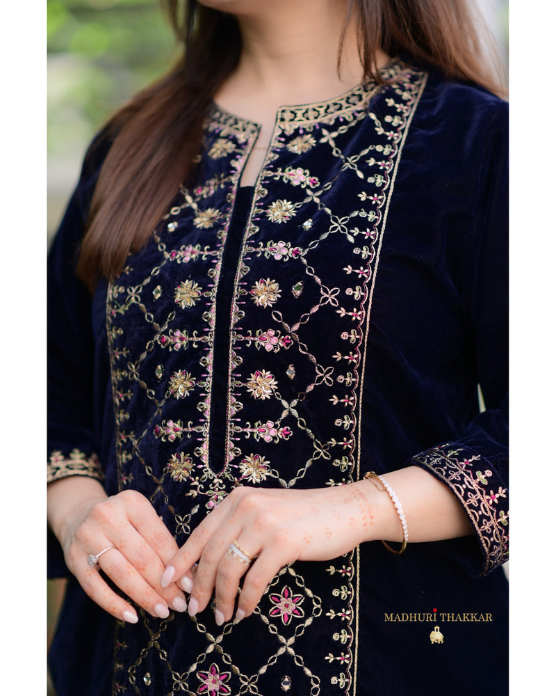 Navy Blue Handwork Premium Velvet Suit