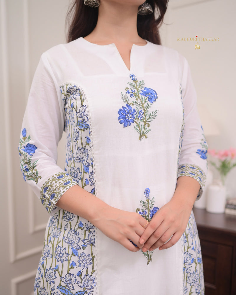 White Blue Bouquet Handwork Mul Cotton Anarkali