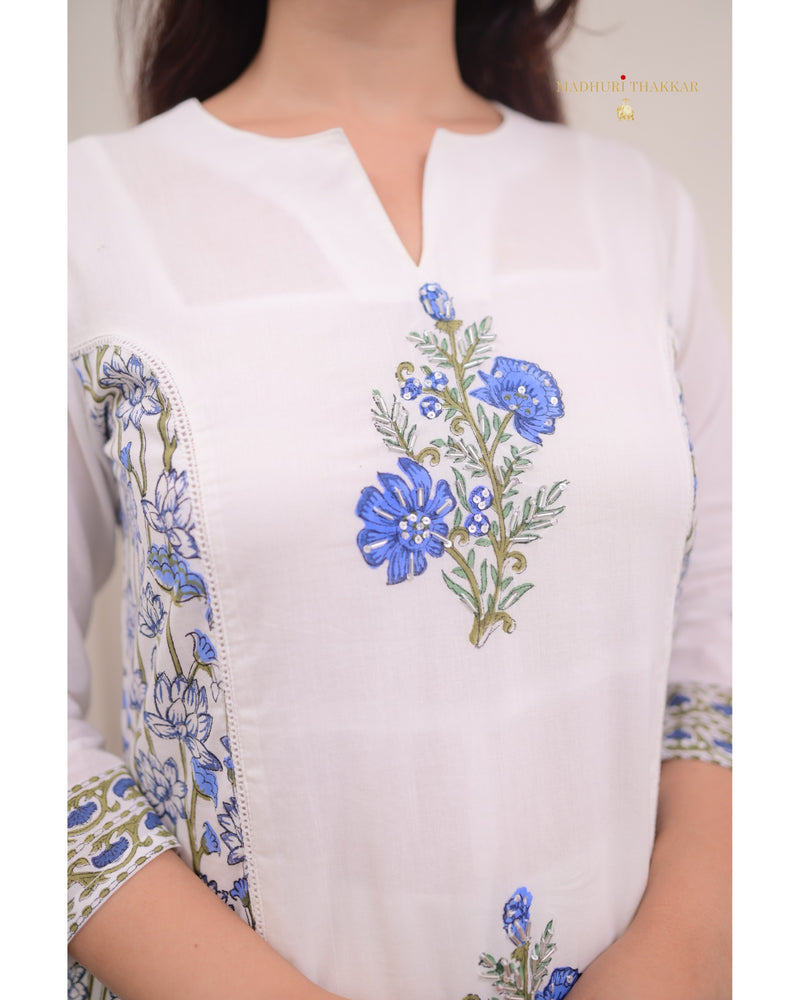 White Blue Bouquet Handwork Mul Cotton Anarkali