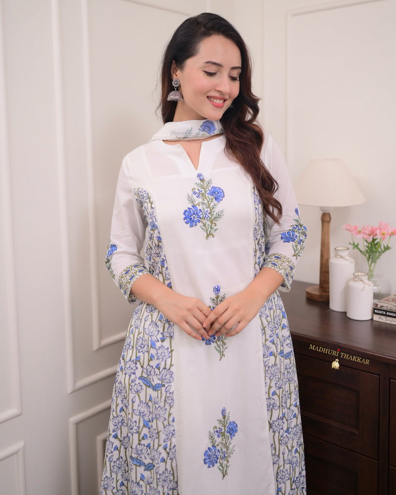 White Blue Bouquet Handwork Mul Cotton Anarkali